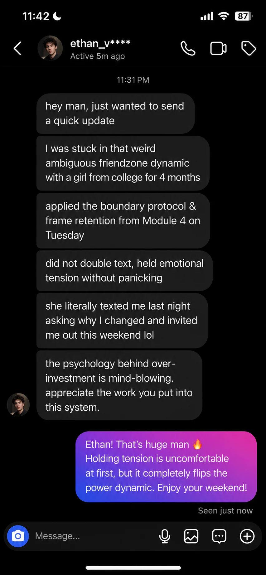 Instagram DM from a reader who applied the Module 4 boundary protocol