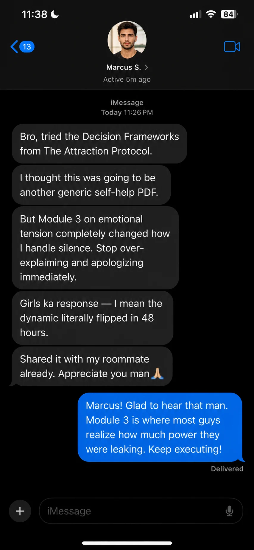 iMessage conversation from a reader describing results from Module 3